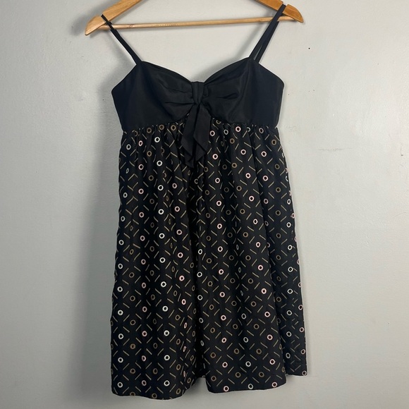 BCBG MAX AZRIA black 100% silk satin babydoll sun dress puff skirt eyelet dots - Picture 1 of 6
